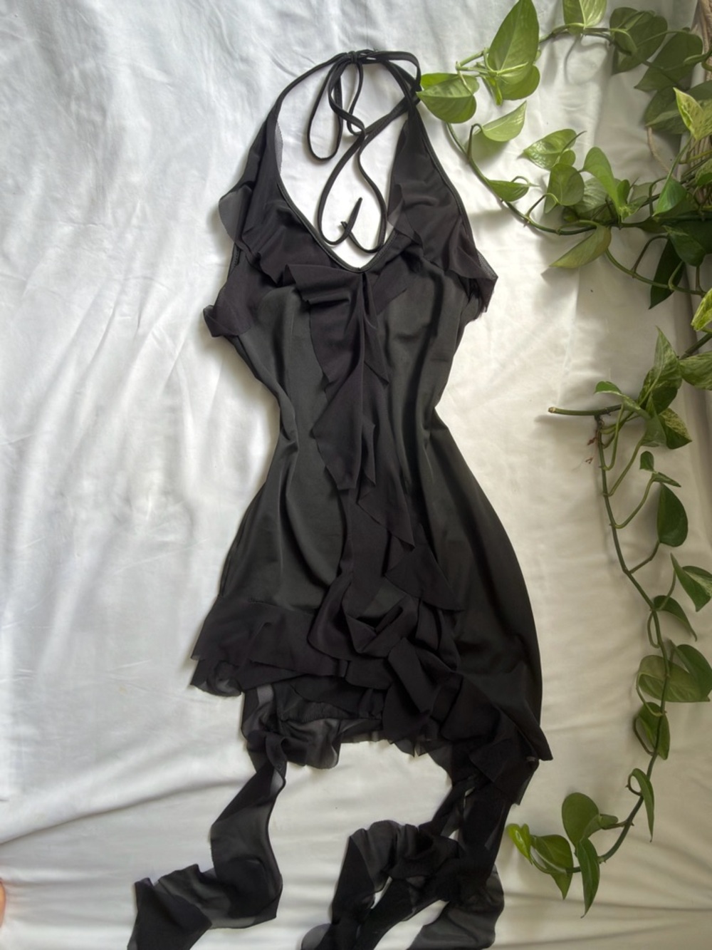 Cider Black One-Shoulder Ruffle Halter Slip Dress